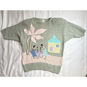 Vintage Adolfo Collectibles Embroidery Leather Appliqué Pastel Knit Sweater Sz L